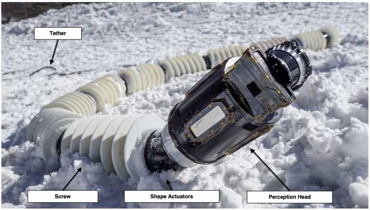 Hardware do EELS. Componentes principais do robô EELS, incluindo a cabeça de percepção, os atuadores de forma que conectam cada segmento do corpo, os parafusos presos a cada módulo e o cabo para transferência de dados e energia elétrica. CRÉDITO: NASA/JPL-Caltech.