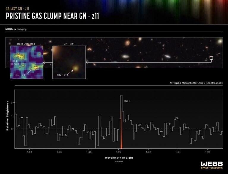 Evidências de um aglomerado gasoso de hélio no halo que rodeia a galáxia GN-z11 são reveladas em dados (em cima) recolhidos pelo Telescópio Espacial James Webb (Crédito: NASA, ESA, CSA, Ralf Crawford (STScI)).