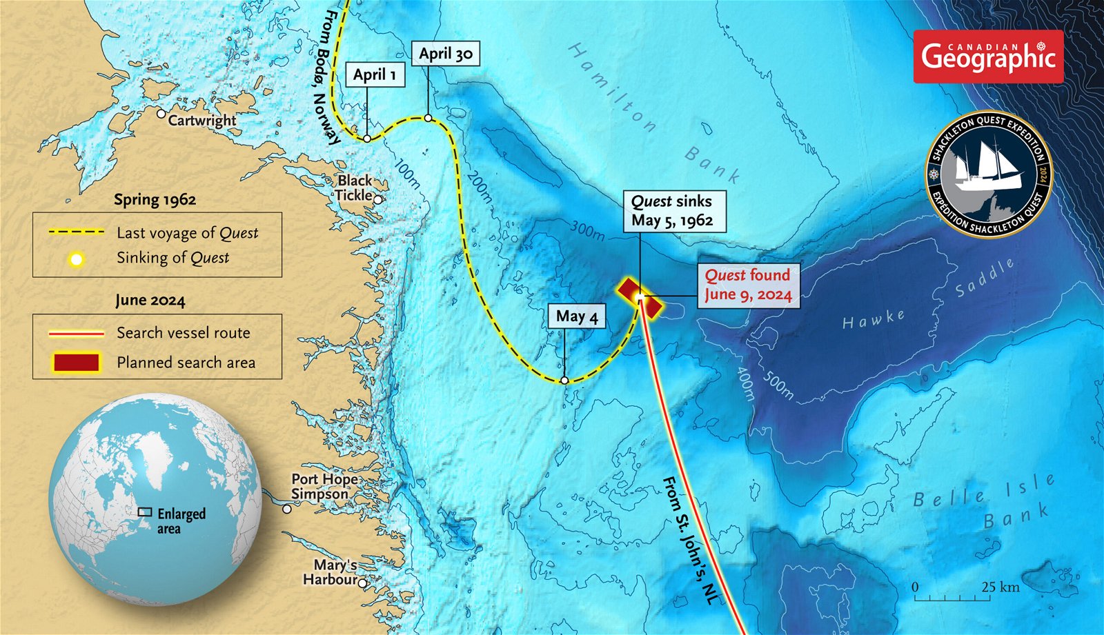 A map of the reported last location of Quest in 1962, in the Labrador sea