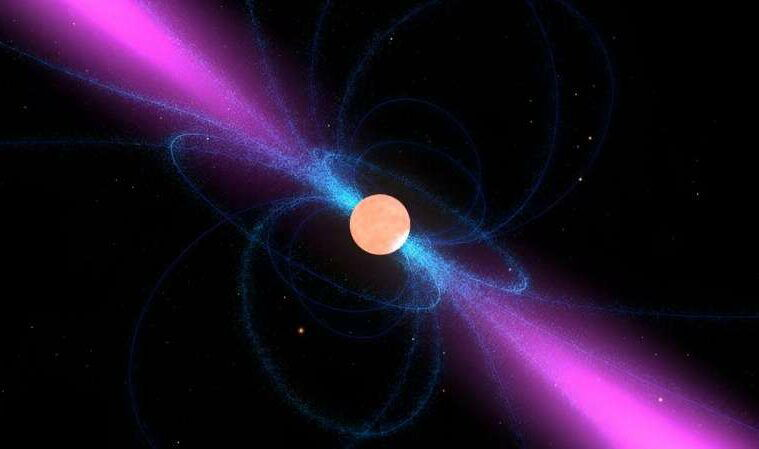 This image shows an artist's impression of a neutron star, surrounded by its strong magnetic field (blue). It emits a narrow beam of radio waves (magenta) above its magnetic poles. When the star's rotation sweeps these beams over the Earth, the neutron star can be detected as a radio pulsar. Credit: NASA Goddard/Walt Feimer,