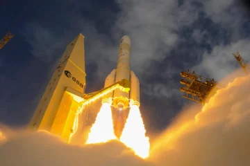 The ESA's Ariane 6 rocket launches into space with the CURIE system onboard. Photo credit: ESA/S. Corvaja